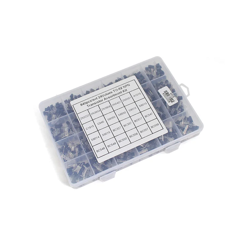 

BC327 BC337 BC547 2N2222 3904 3906 C945 TO-92 Transistor Assortment Kit 840pcs/set 24 Values NPN PNP Transistor set Electronics