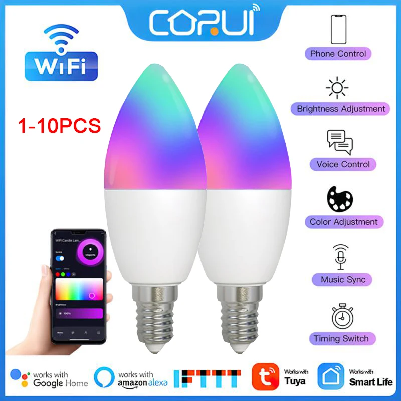 

E14 WiFi Tuya Smart Candelabra RGB LED Light Bulb European Lightbulbs Alexa Lamp Google Home Yandex Alice Dimmable Voice Control