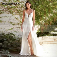 boho satin wedding dress elegant deep v neck spaghetti straps a line side split zipper backless beach bridal gown customsize