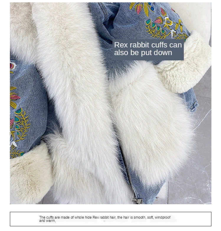 Down Parka Women Winter Jacket with Real Fur Embroidery Denim New Fashion Genuine Rabbit Fur Coat Women Plus Size Fox Fur Jacket