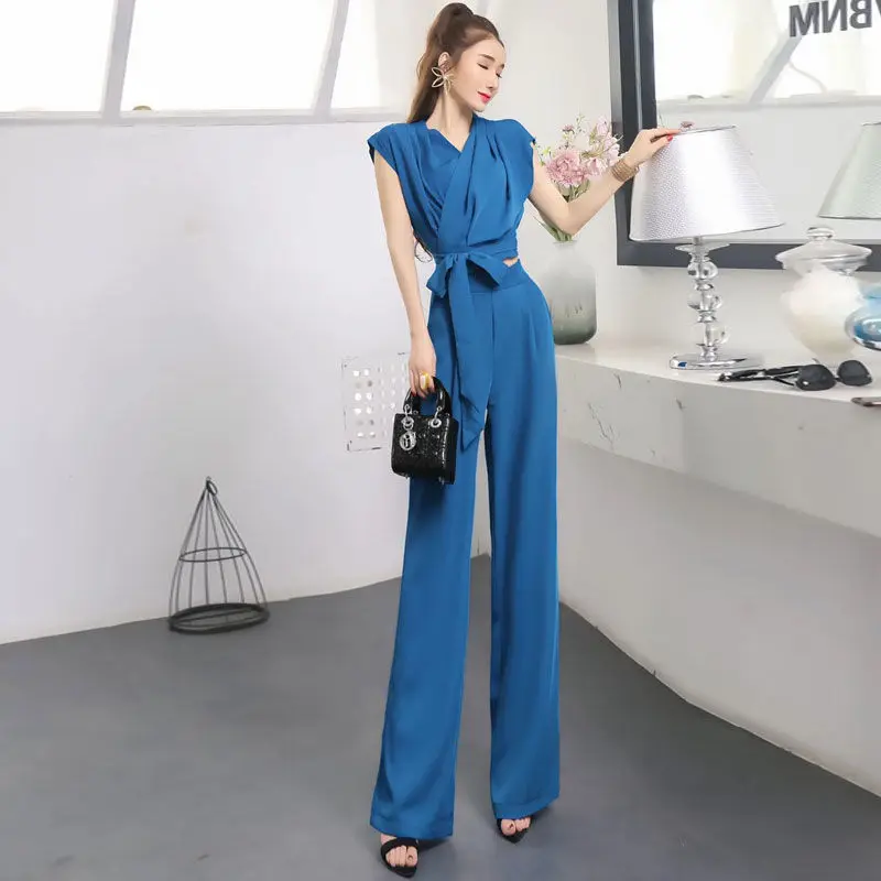

Women 2021 Summer OL 2 Piece Sets Female Sleevless V-neck Blouse Top + High Waist Wide Leg Pants Suit Elegant Ladies Sets B19