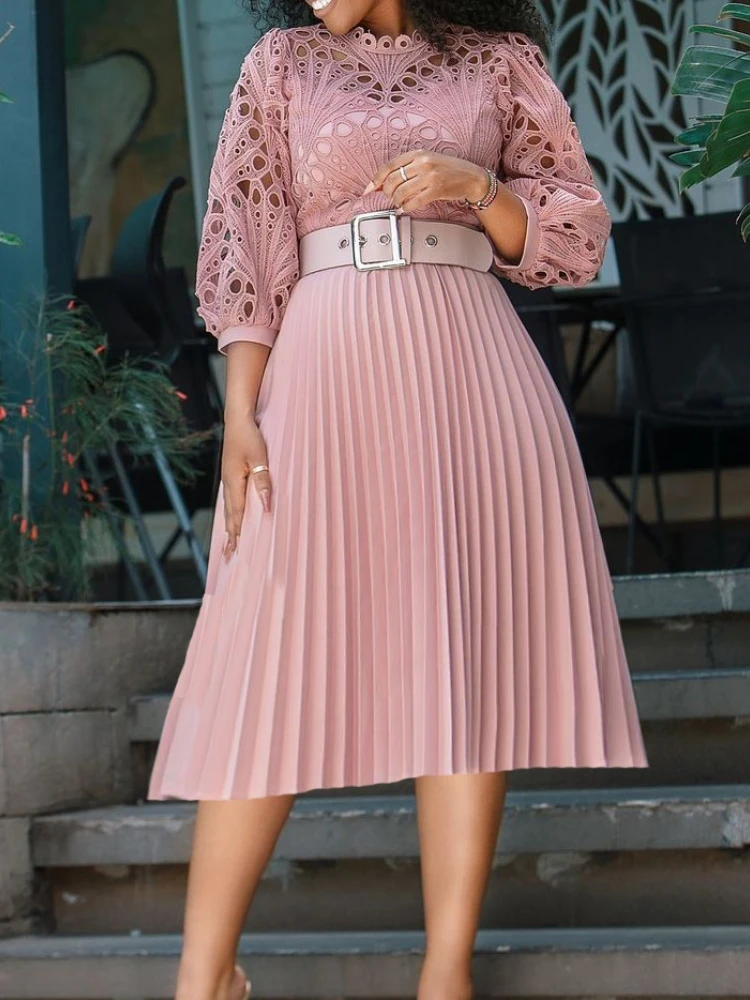 Plus Size Elegant Lace Summer Dress Women Sexy Evening Party Midi Dresses With Belt Pink Pleated Dress Vestidos Robe Femme 2023