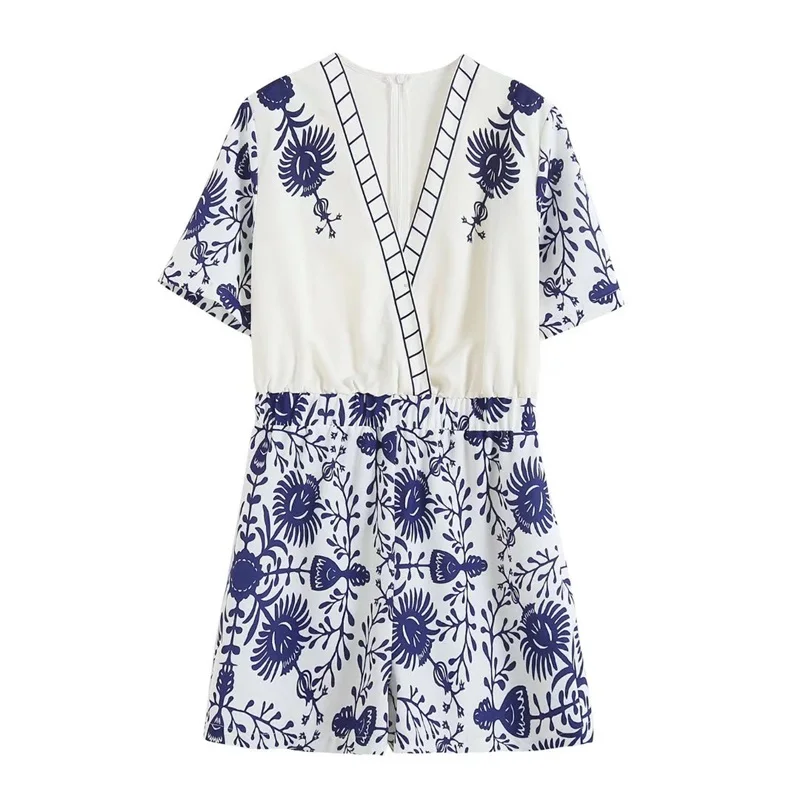 

MESTTRAF Sexy Women 2022 Totem Print V-Neck Short Playsuits Vintage Short Sleeve Back Zipper Female Jumpsuits