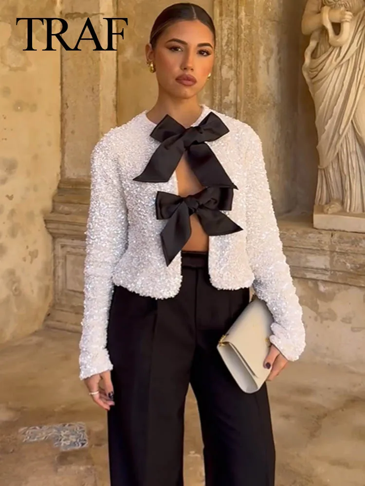 Блузка женская однотонная с длинным рукавом круглым вырезом и блестками