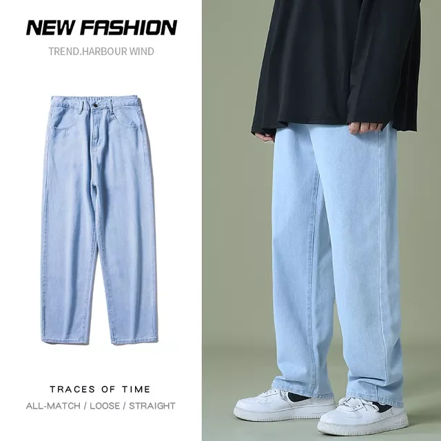 

2023New Men's Blue Wide Leg Jeans New Autumn Korean Style Fashion Straight Baggy Denim Pants Student Teen Trousers