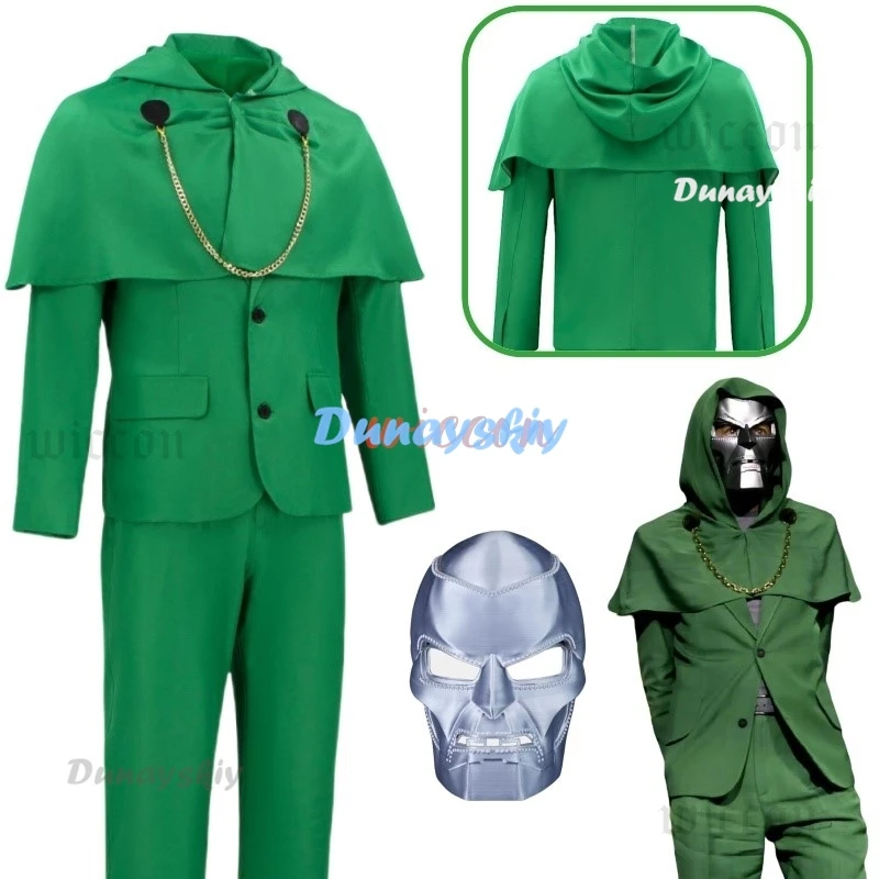 Movie Doctor Doom Cosplay Costume Mask Adult Unisex Green Uniform Coat Pants Suit Halloween Outfit Party