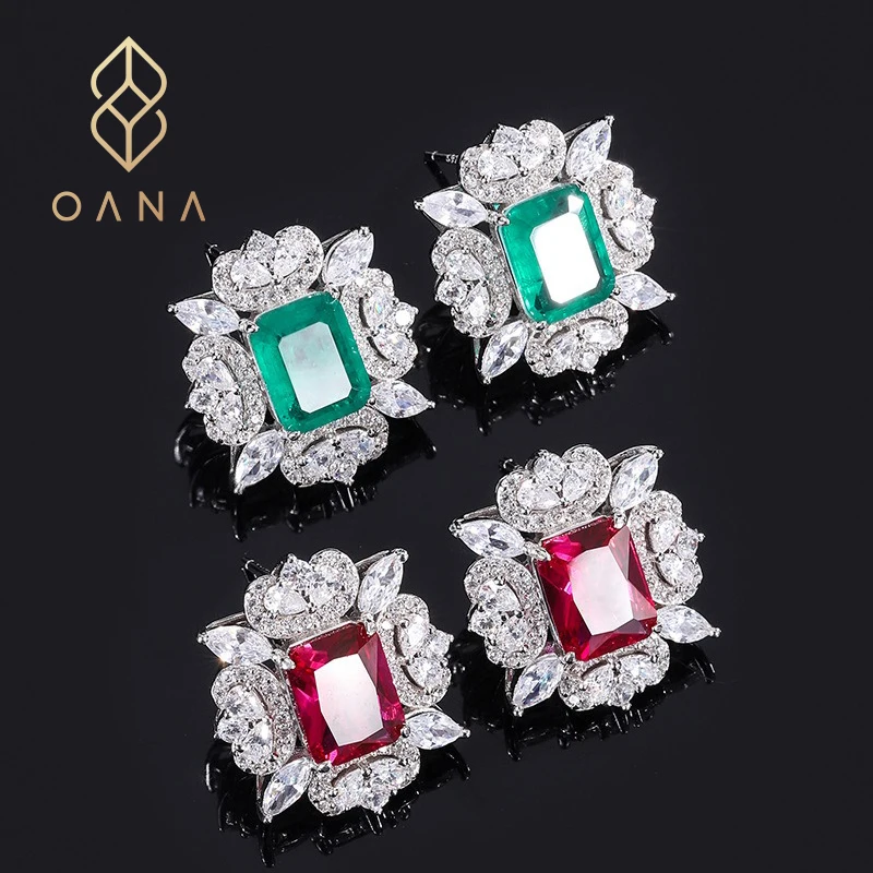 

OANA Women's Earrings S925 Silver Wood Zuo Green Emerald Ruby Rectangular Diamond Inlaid Bottom Jewelry Free Shipping