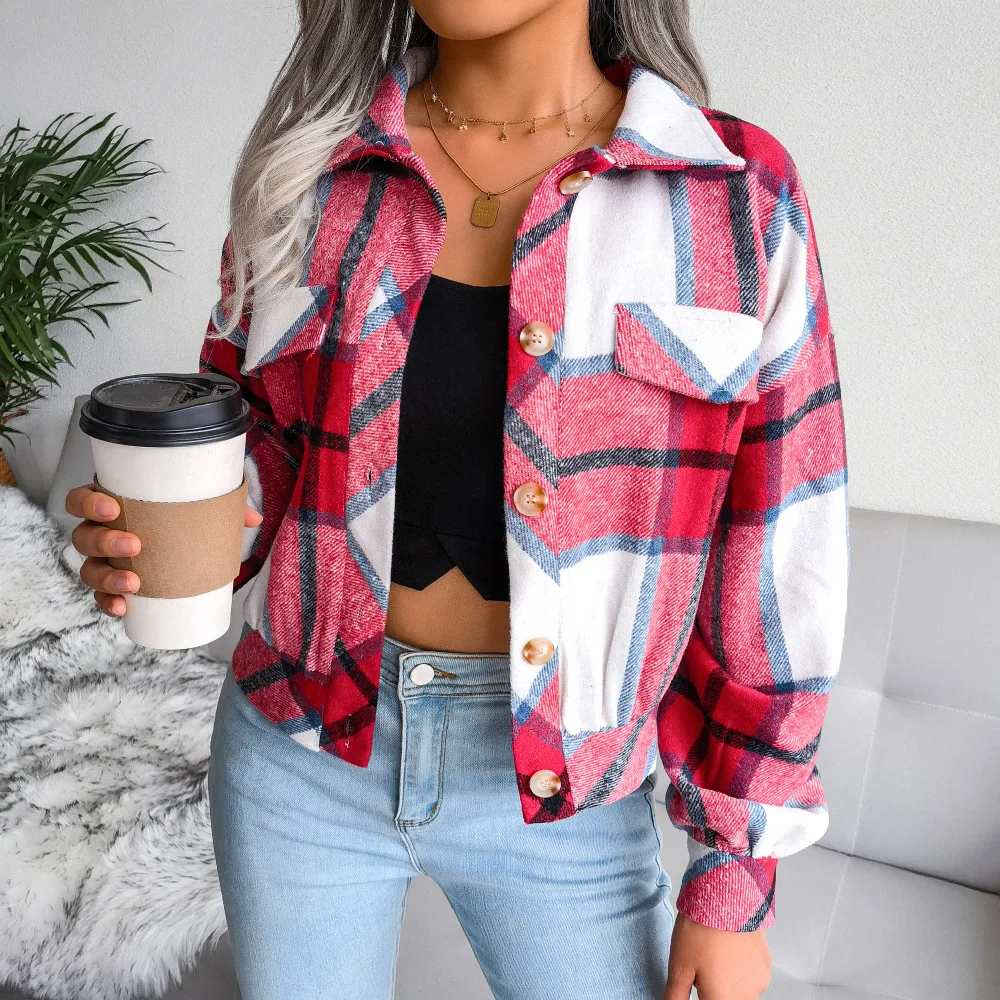 

Women's Lantern Long Sleeve Button Down Jackets Coats Outwear Ins Autumn Winter Fashion Cropped Flannel Wool Blend Plaid Shacket