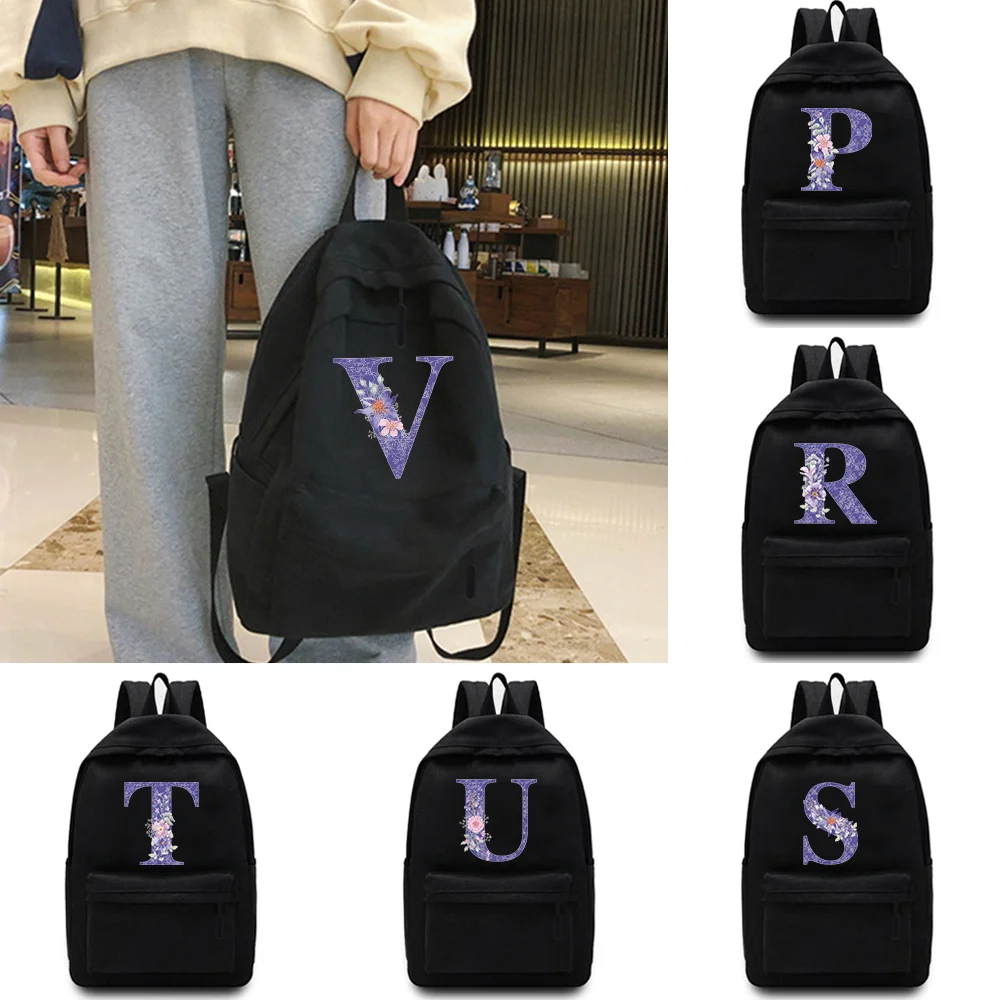 

2023 Women School Backpack Black Canvas Bagpack Female Theft Rucksack Casual Lady Travel Backpack Purple Flower Korean Back Pack