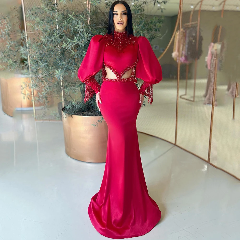 

Weilinsha Charming Evening Dresses High Neck Lantern Sleeve Backless Exquisite Crystal Beading Mermaid Party Prom Gown Custom