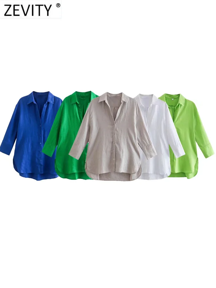 Zevity Women Fashion Solid Color Side Split Linen Shirt Female Three Quarter Sleeve Kimono Smock Blouses Blusas Chic Tops LS2242