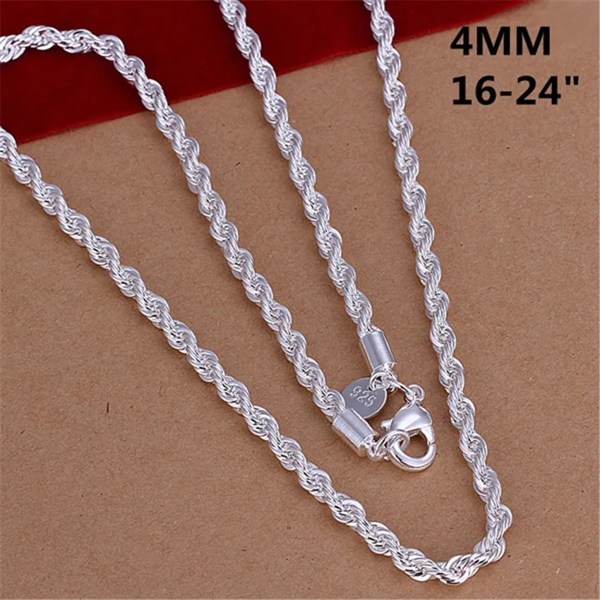 Купи 16-24inch for women men Beautiful fashion 925 Silver Color charm 4MM Rope Chain Necklace fit pendant high quality jewel за 188 рублей в магазине AliExpress