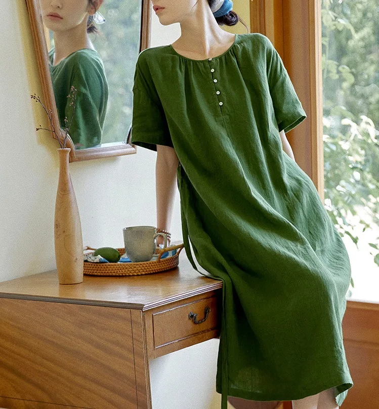 Платье в стиле ретро из чистого льна с коротким рукавом