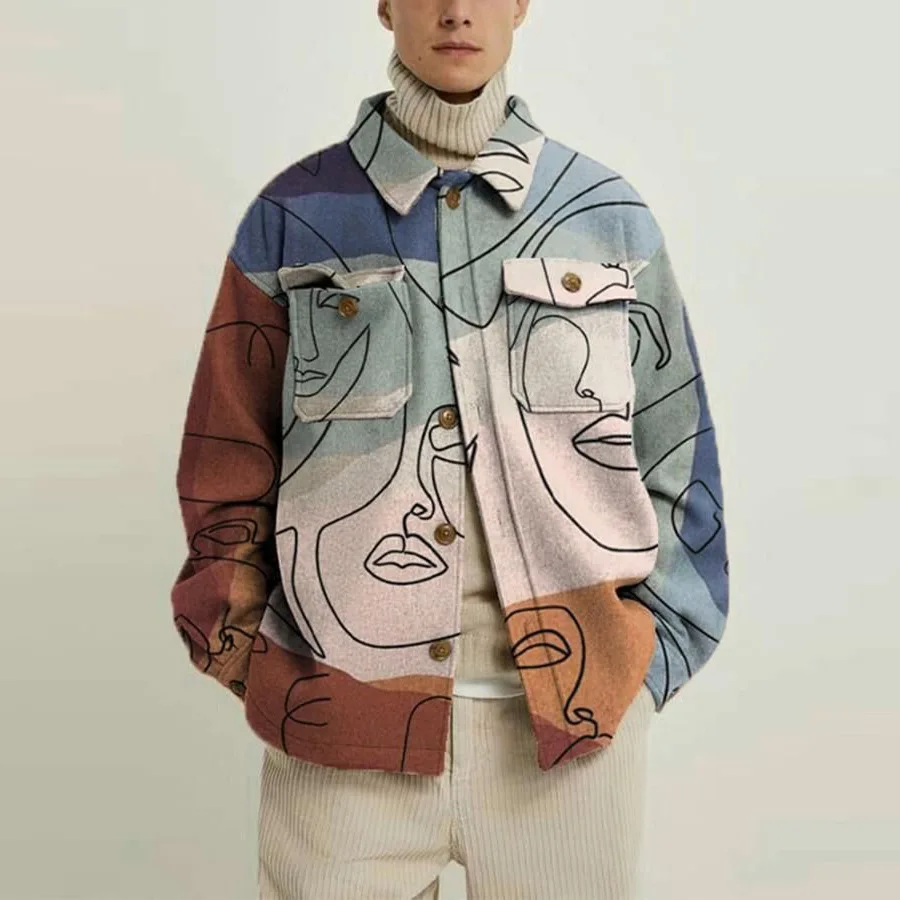

2022 men's fashion printed jacket men's fashion abstract line printed shirt multi eye pocket decorative coat 9 styles available