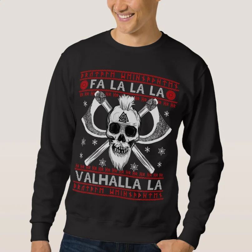 

Fa La La La Valhalla Ugly Christmas Viking Valknut Skull Pullover Hoodie New 100% Cotton Casual Mens Sweatshirt Xmas Streetwear
