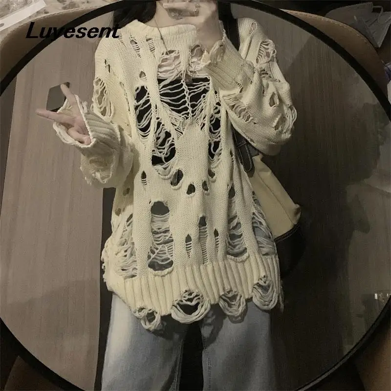 

Female Gothic Broken O Neck Pullover Sweater Lady Hollow Out Slit Ripped Long Sleeve Loose Sweaters Fashion Punk Hole Knit Top