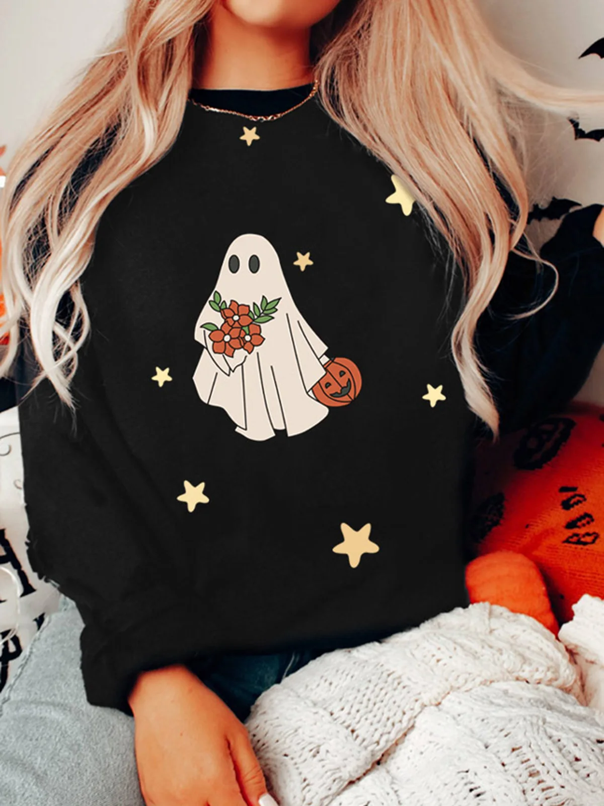 

Осень-зима 2023, свитшот на Хэллоуин с изображением тыквы, призрака, звезды, теплый повседневный пуловер с круглым вырезом, черные однотонные Топы для женщин