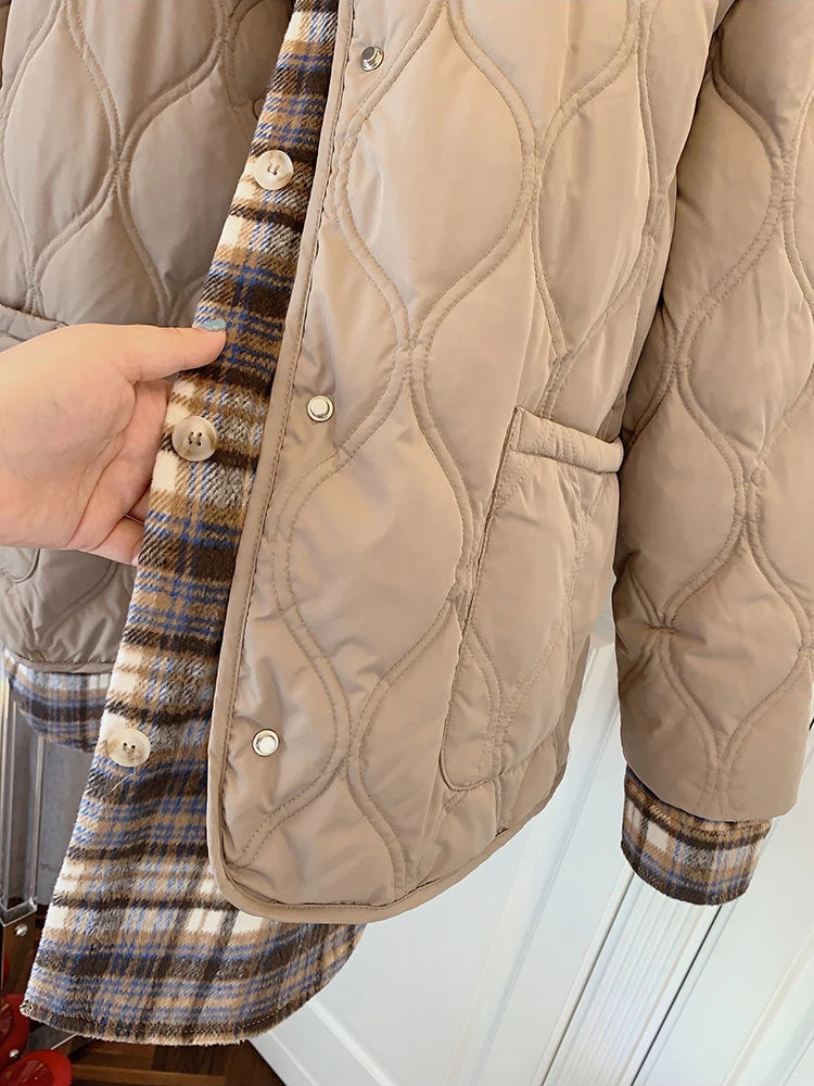 Women's Winter Jacket Fashion Parkas Lapel Oversize Vintage Clothes White Loose Warm Plaid Top Casual Quilted Coats Female