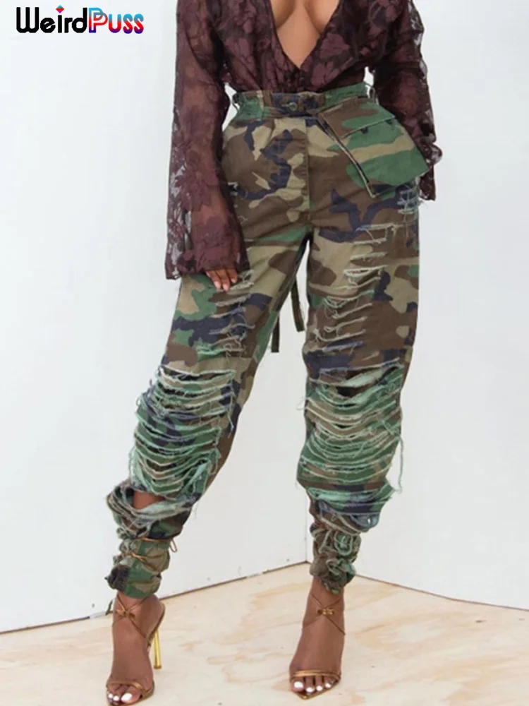 

Weird Puss Y2K Camouflage Straight Pants Women Zipper Pocket Hollow Wild Trousers Fashion Street Hipster Casual Loose Bottoms