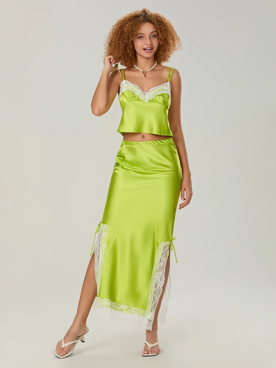 wsevypo Chic Summer Two-Piece Dress Sets Women's Lace Trim Slips Cropped Camis and Slit Long Skirts Party Clubwear Outfits