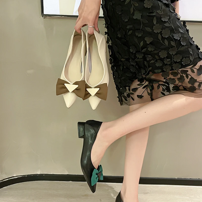 

2022 New Summer Women's Slippers Bowknot Cat Heel Low Heel Mid Heel Pointed Toe Shoes Slippers High Heels zapatos mujer