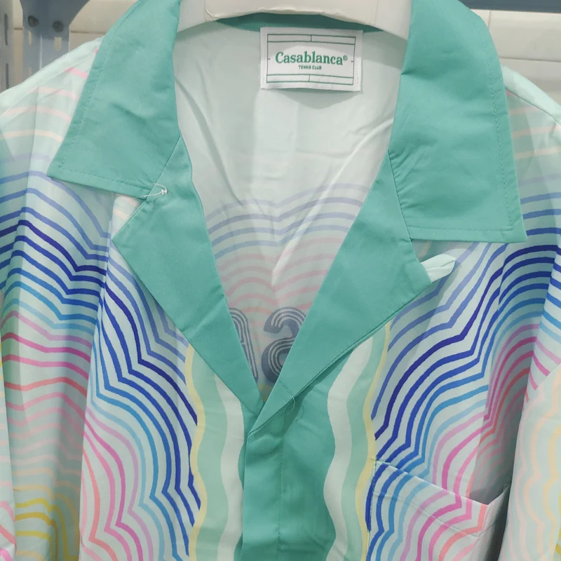 Thin Fabric Casablanca Shortpant Shirt Set Rainbow Stripe Colorful Man Portrait Print Suit Hawaii Beach Surf For Men Women