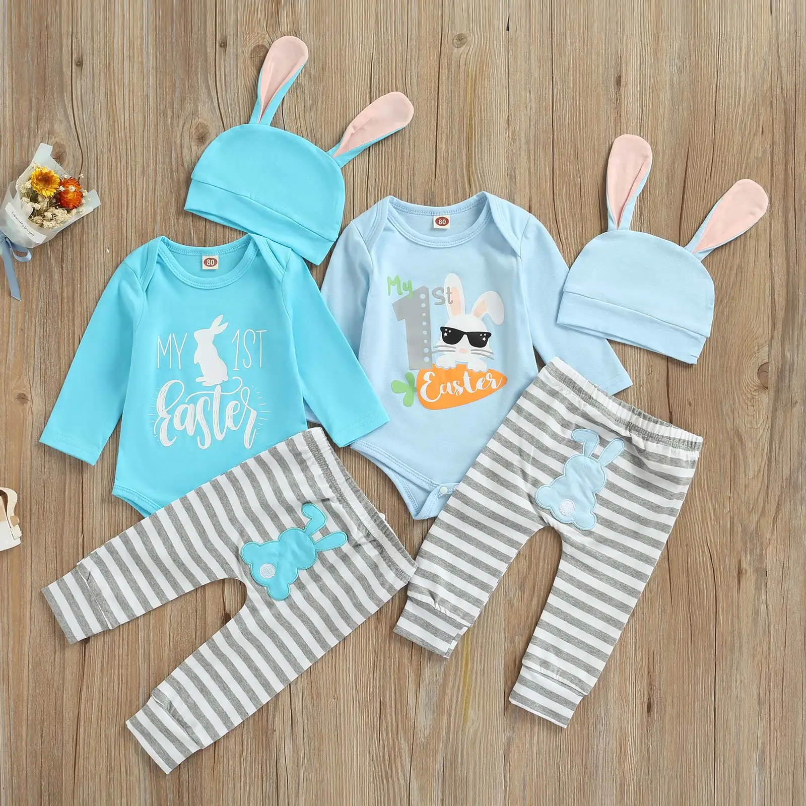 

Lioraitiin 0-12M Newborn Baby Boy Girl Easter Clothes 3Pcs Set Long Sleeve Round Neck Rabbit Printed Romper Striped Pants