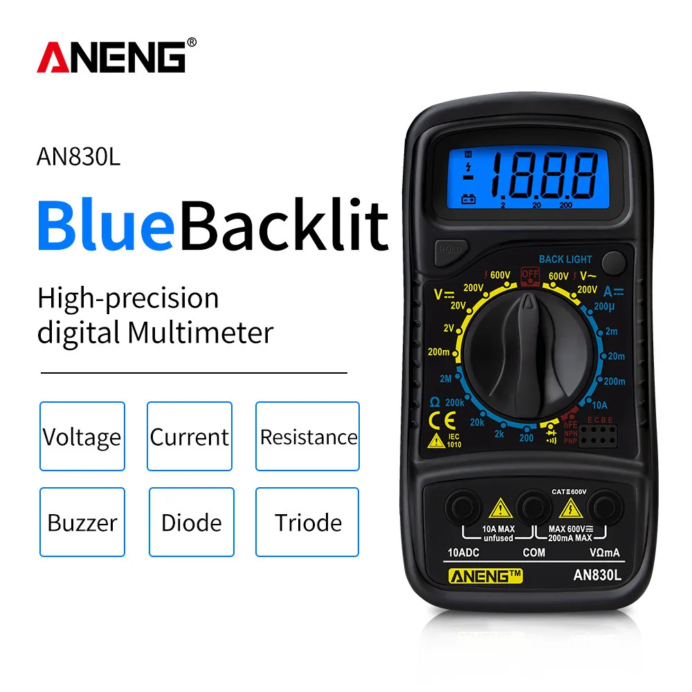 ANENG AN830L Handheld Digital Multimeter Tester LCD Backlight Portable AC/DC Ammeter Voltmeter Ohm Voltage Meter Multimetro