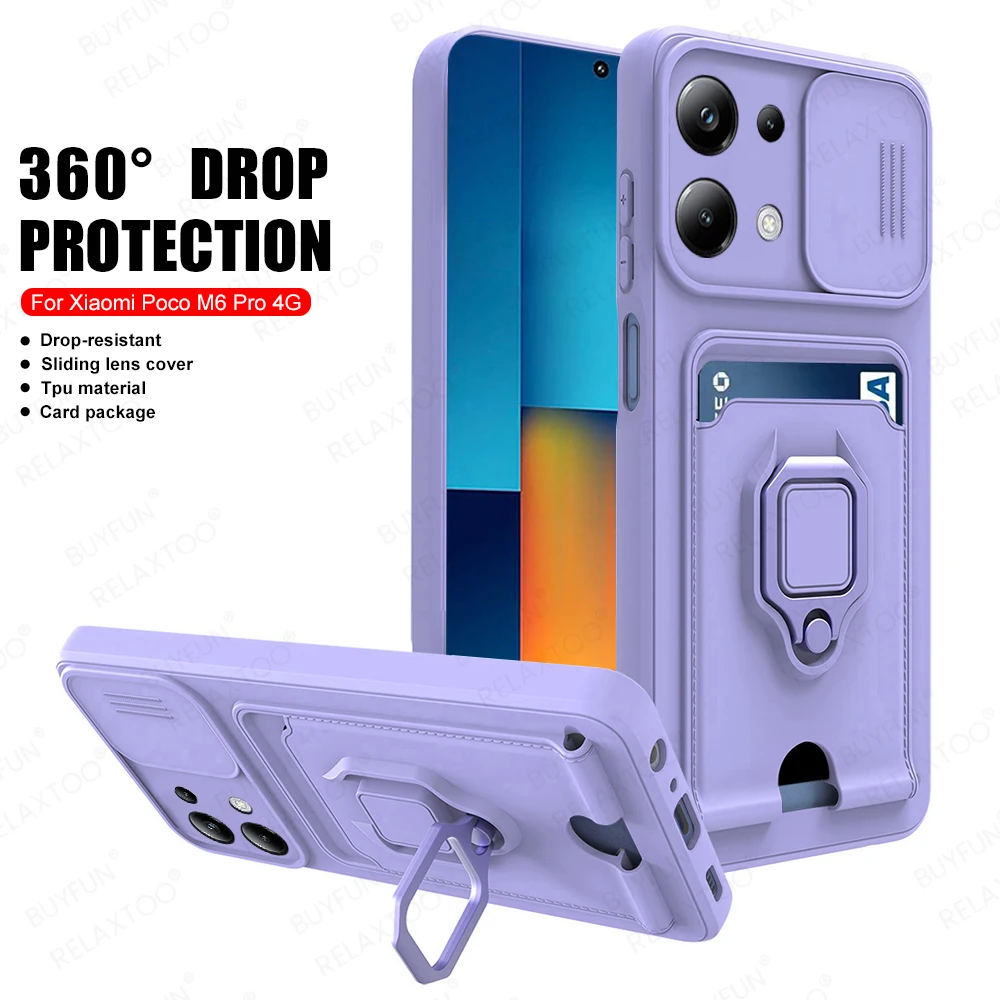 Мягкий чехол-бумажник из ТПУ Для Xiaomi Poco M6 Pro 4G магнитный держатель с кольцом