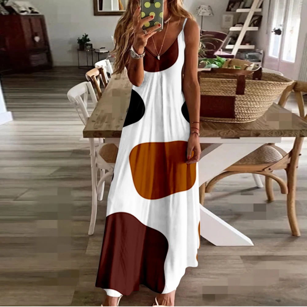 

Summer Women V-Neck Sling Animal Texture Printing Sexy Beach Long Maxi Dress Sleeveless Vintage Clothing Plus Size
