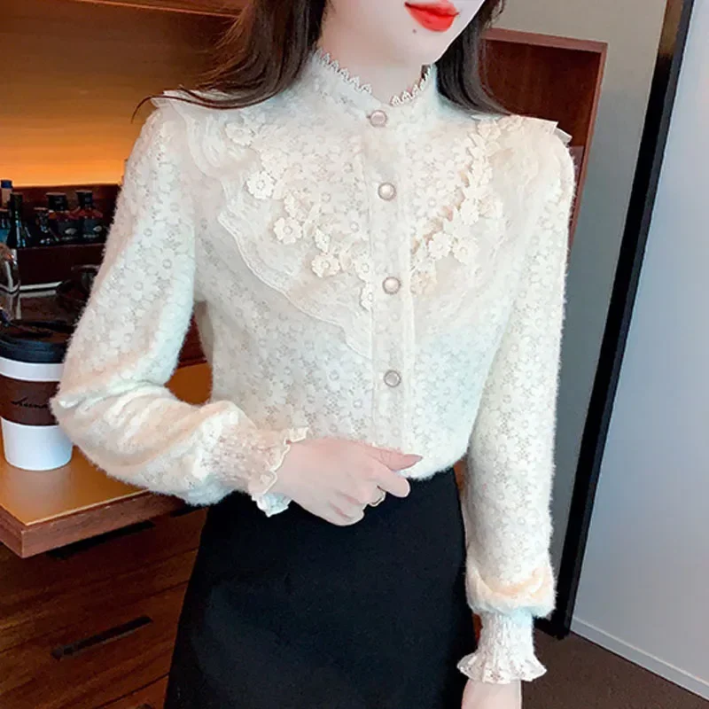 Новая кружевная женская рубашка с воротником-стойкой и длинным рукавом