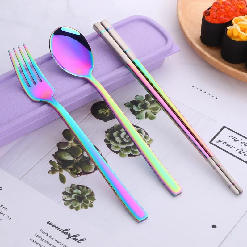 

Stainless Steel Children Portable Camping Dinnerware Set Chopsticks Spoon Fork Set with Box Travel Flatware Set Mirror Tableware