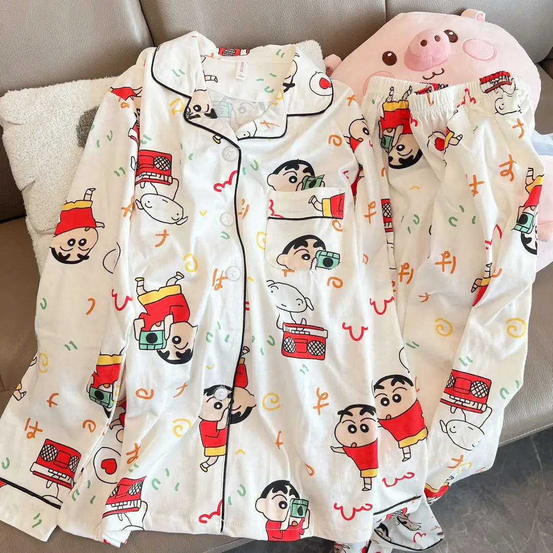 

Kawaii Crayon Shinchan пижамные комплекты женские пижамы весна-осень брюки с длинным рукавом костюм из чистого хлопка Милая домашняя одежда