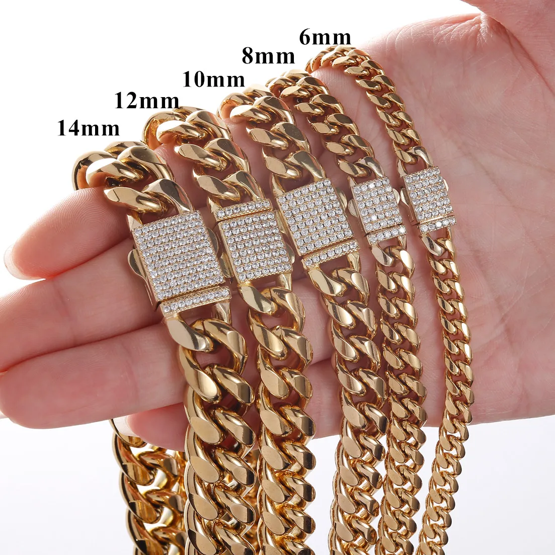 Кубинская цепочка Майами из нержавеющей стали, ожерелье или браслет с хрустальной застежкой, длина 7-40 дюймов, 6/8/10/12/14 мм, цвет золото 18 К