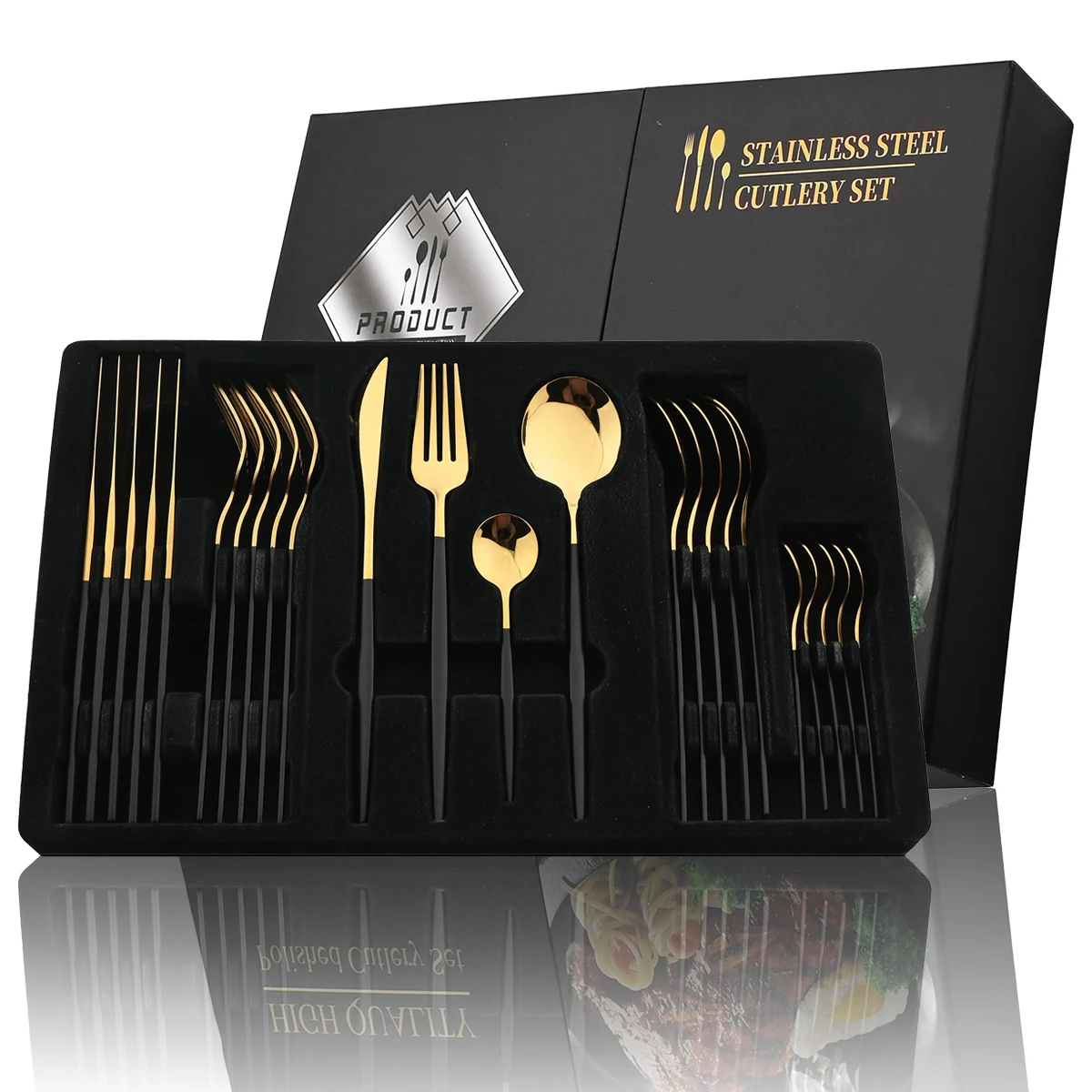 

24Pcs Flatware Festival Kitchen Dinnerware Set Gift Black Handle Golden Cutlery Set Stainless Steel Knife Spoon and Fork Set