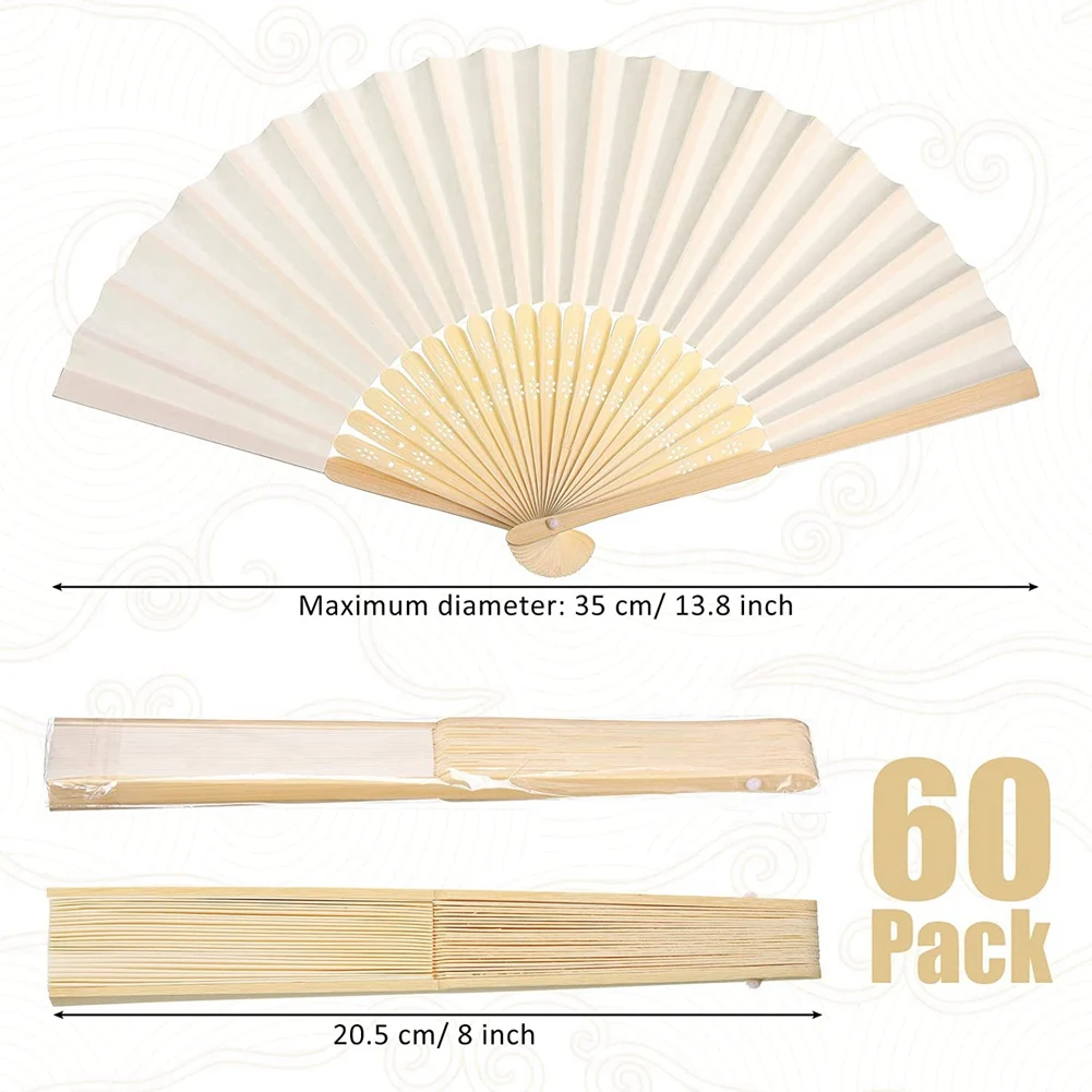 

60 шт. белый Ручной Веер, бамбуковый складной веер, Ручной Веер для невесты, танцев, аксессуары для церкви, Декор для дома и офиса