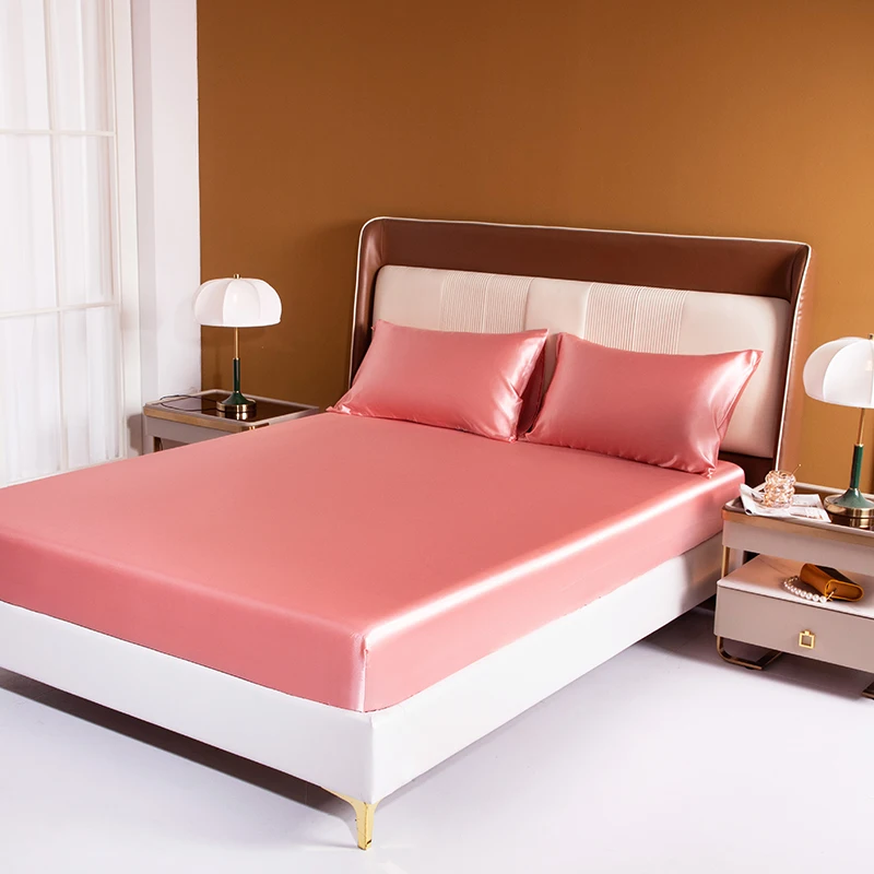 

Luxury Satin Fitted Sheet Single Double Queen Size Mattress Cover With Elastic Band Bed Sheet Solid Color Fit Sheet