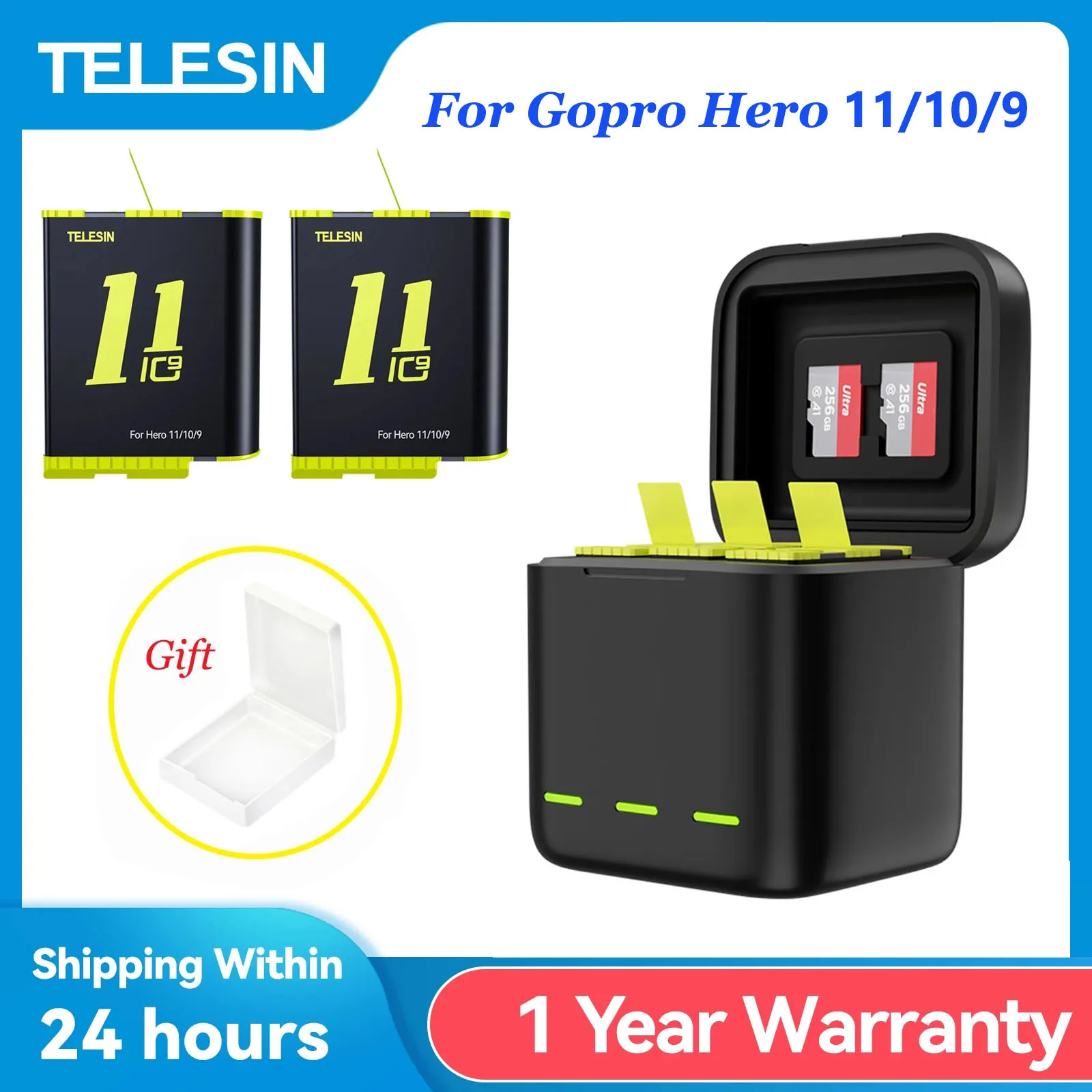 

Зарядное устройство TELESIN со светодиодной подсветкой, 3 слота, футляр для хранения TF-карт для камер GoPro Hero 11, 10, 9, аккумулятор 1750 мАч, аксессуары для GoPro 11