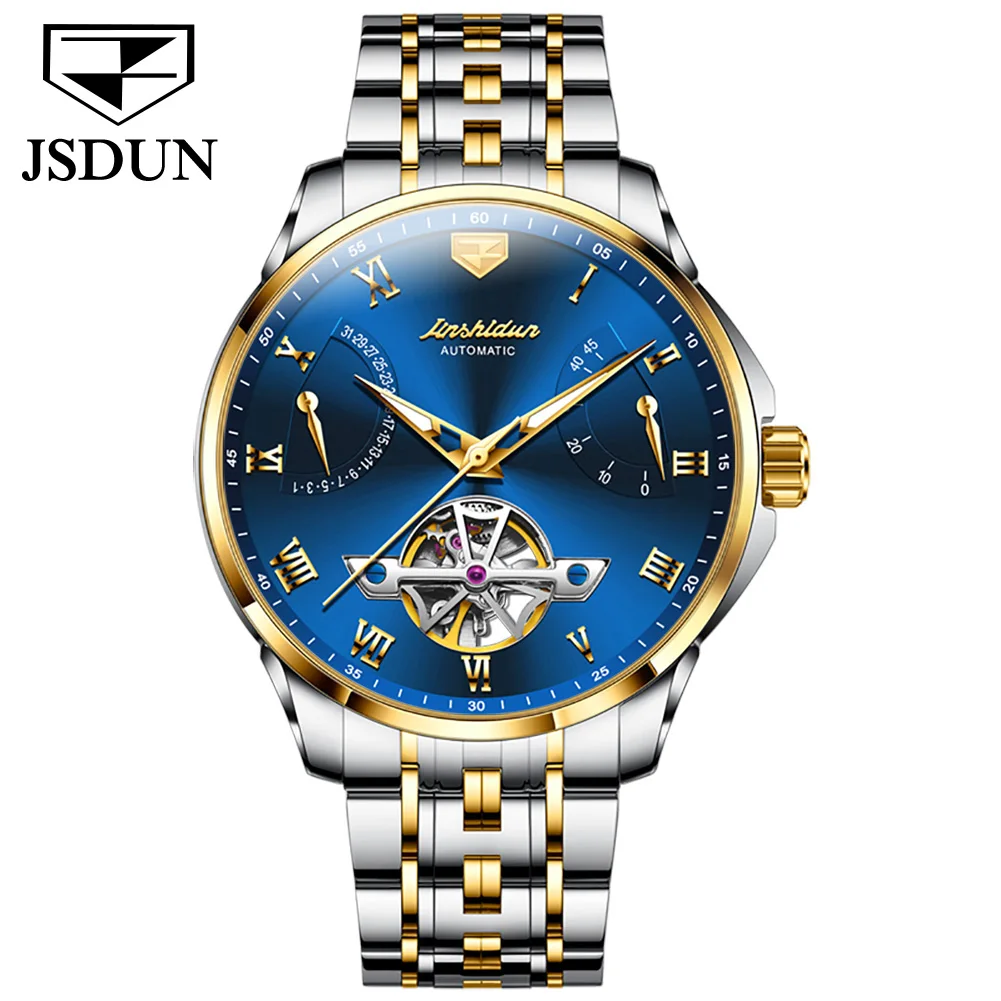 

JSDUN Multifunction Calendar Display Men Wrist Watches Stainless Steel Strap Business Skeleton Automatic Mechanical Watches 8912