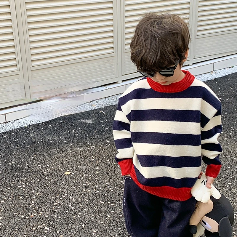 

New Winter kids sweater color contrast striped knitwear Boys and girls thicken warm loosr knit Pullover
