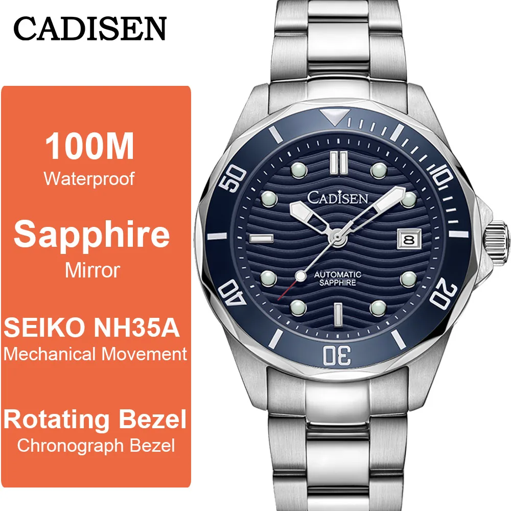 

Мужские механические часы Cadisen, автоматические часы для мужчин NH35A с сапфировым стеклом 100 м, наручные часы для дайвинга из нержавеющей стали, часы 8201