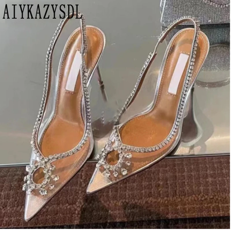 

AIYKAZYSDL Slingback Rhinestone Crystal Transparent Clear Pumps Point Toe High Heel Women Sandals Fashion Stiletto Wedding Shoes