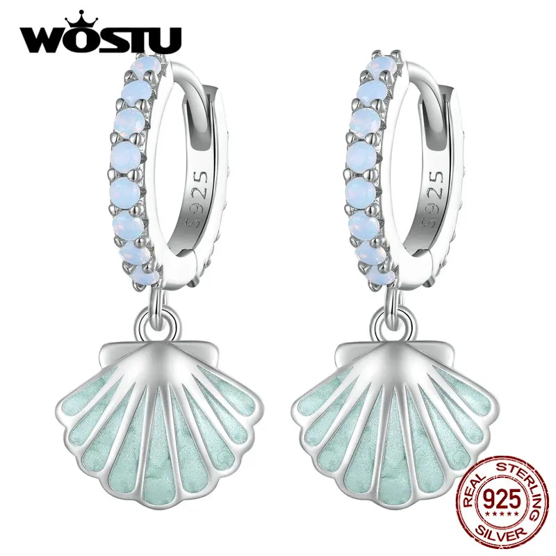 

WOSTU 925 Sterling Silver Enamel Process Sea Shell Ear Buckles Pave Setting CZ Hoop Earrings for Women Ocean Series Jewelry