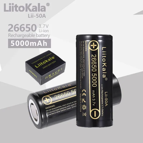 Литиевая батарея HK LiitoKala lii-50A, 26650, 5000 мА · ч, 3,7 в, 5000 мА · ч, 26650-50 А, для фонарика