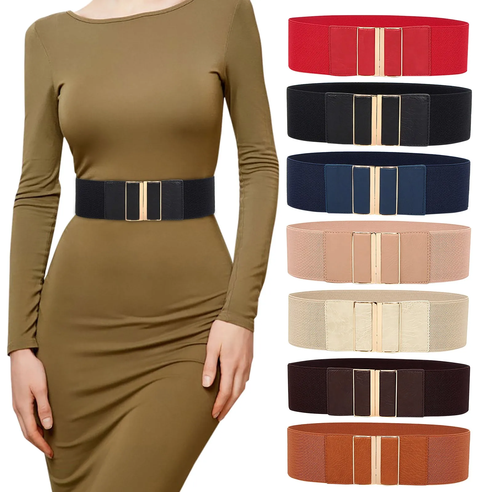 Simple Wide Elastic Belt Solid Color Corset Belt Metal Buckle Lady Fashion Cummerbands Stretch Cinch Waistband Women Waist Belt