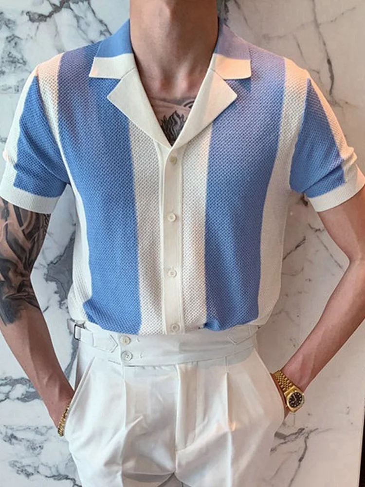 

Mens Short Sleeve Striped 2022 Polos Shirts New 2022 Lapel Slim Tee Tops Single-breasted Polos Streetwear Vintage Tops Shirts