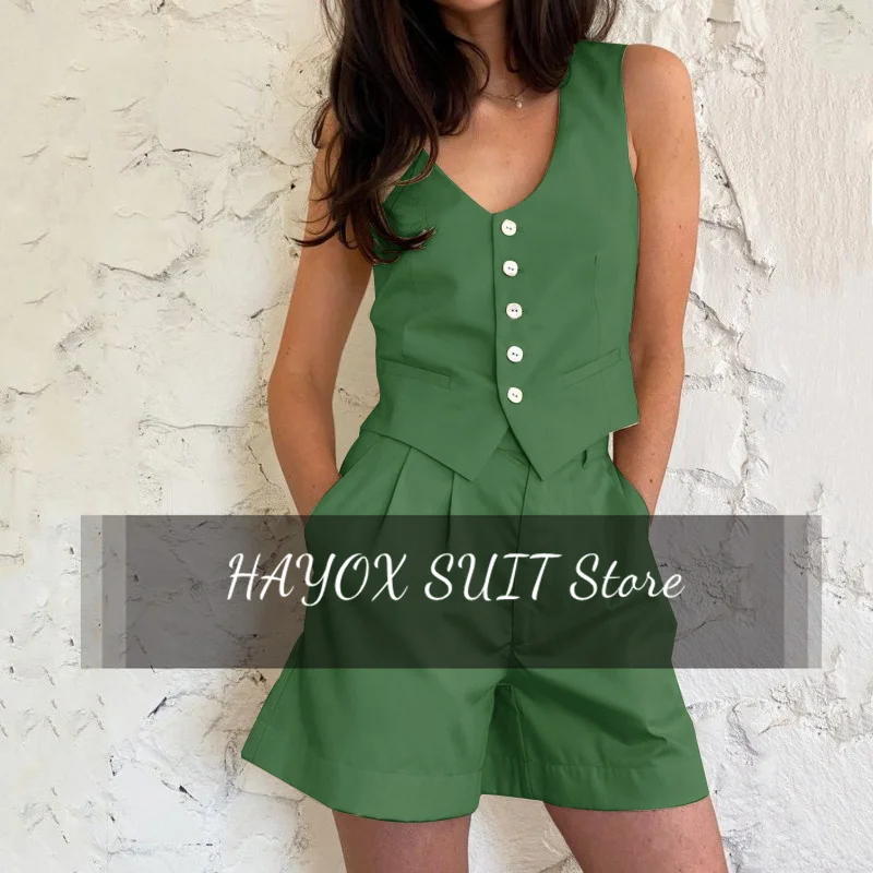 Women's Suit Summer Solid Color 2-Piece Set Fashion Single Breasted V Neck Sleeveless Top Vest With Cool Shorts For Business