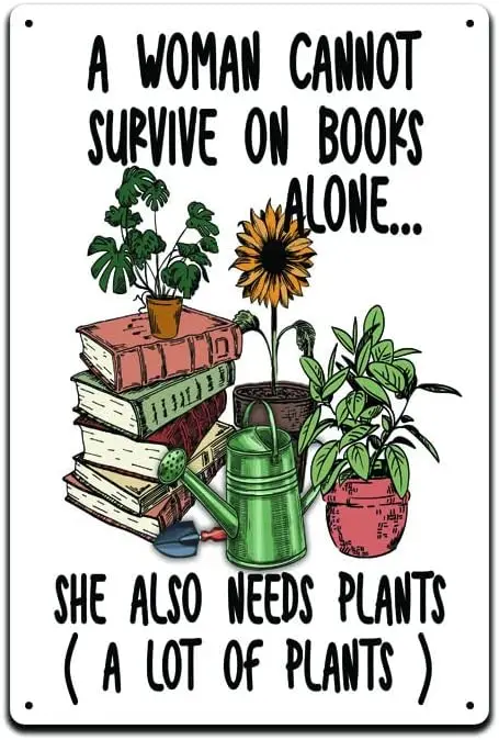 Womn Not Survve On Books одинокий She lso Loves Plnts 12X8 nch Metl Sgn Florl Flower Ktchen Decortve Cooking House Home Dé