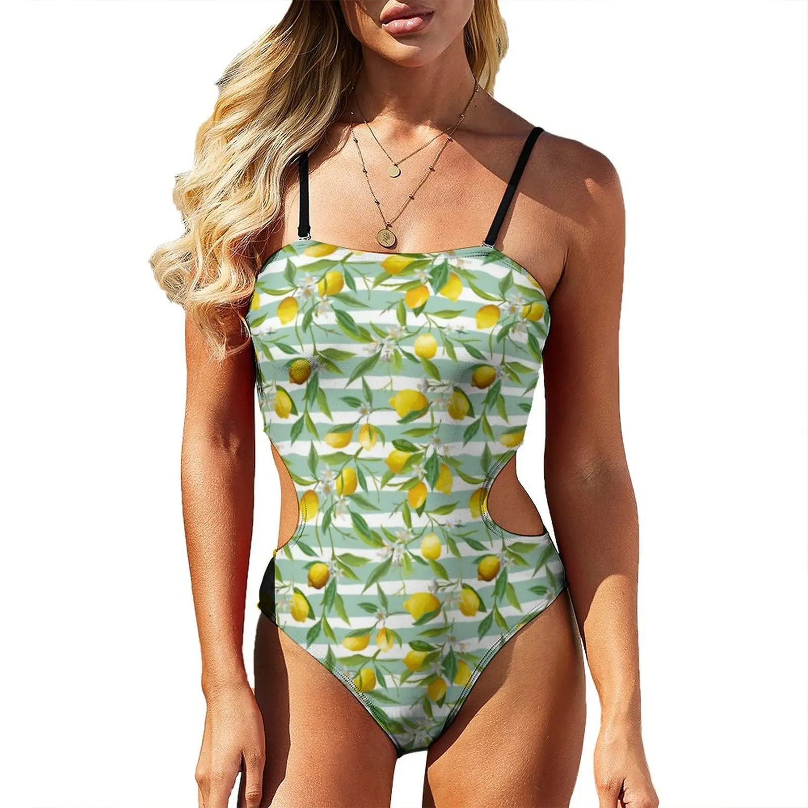 

Lemon Flower Swimsuit Sexy Striped Print One Piece Swimwear Push Up Bodysuit Elegant Custom Bathing Suit Birthday Present