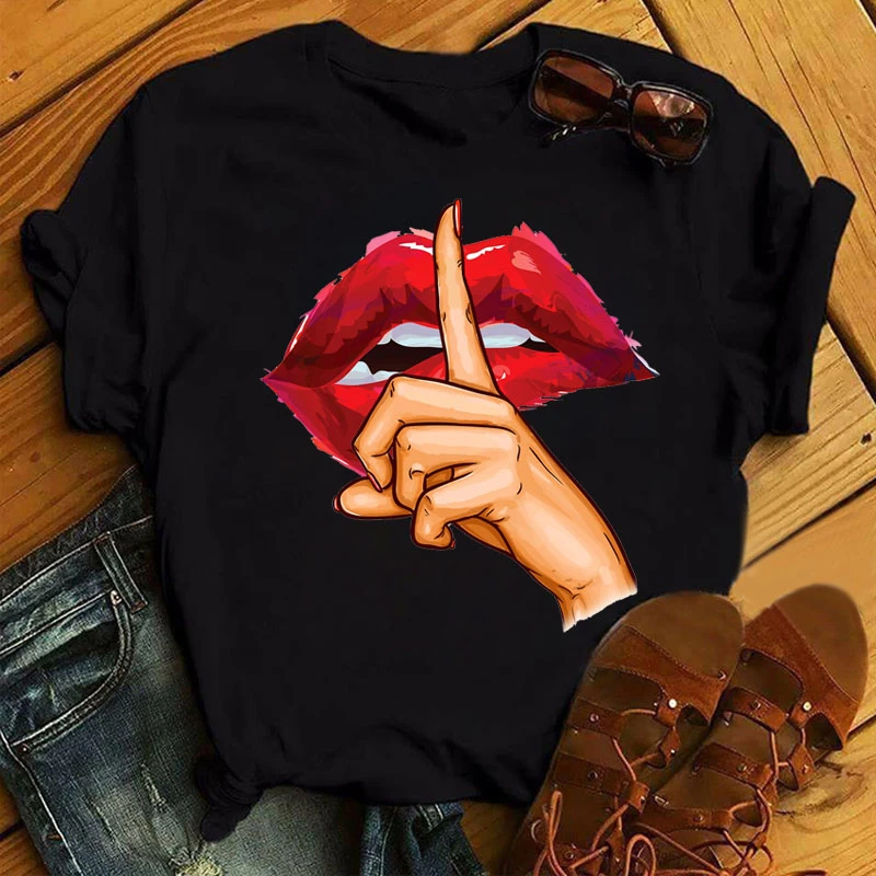 Red Lips Graphic Printed Tops Tee New Women Fashion T-shirt Female Cute Graphic Short Sleeve Tee Shirts Ladies O-neck Tops